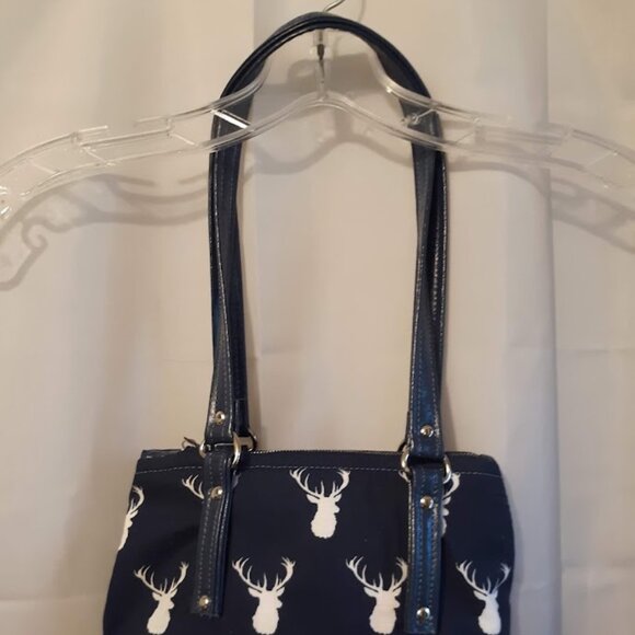 New Vinyl Double handle Shoulder Satchel Bag Purse Navy Blue White Deer Western - Picture 9 of 12